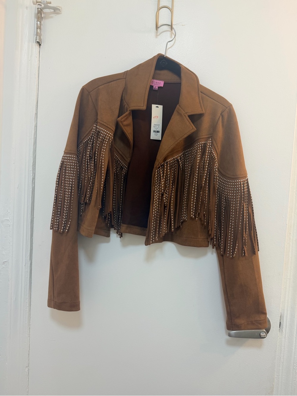 Francesca's Collections Brown Faux Suede Fringe Jacket with Studs